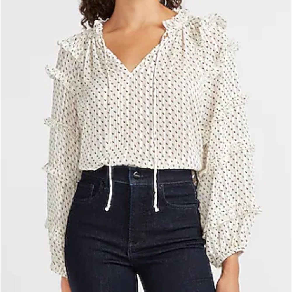 Express Metallic Polka Dot Tiered Balloon Sleeve Top